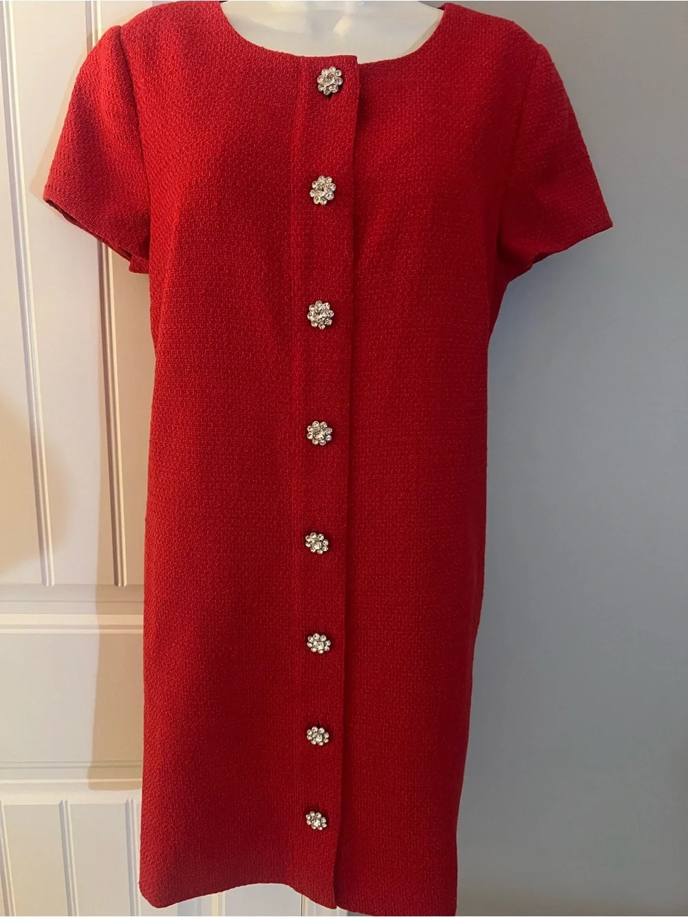 J.Crew Holiday Red Bouclé/Tweed-Texture Dress Crystal Jeweled floral buttons